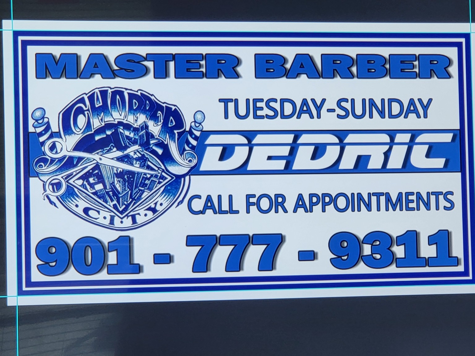 Blue and white Master Barber appointment sign